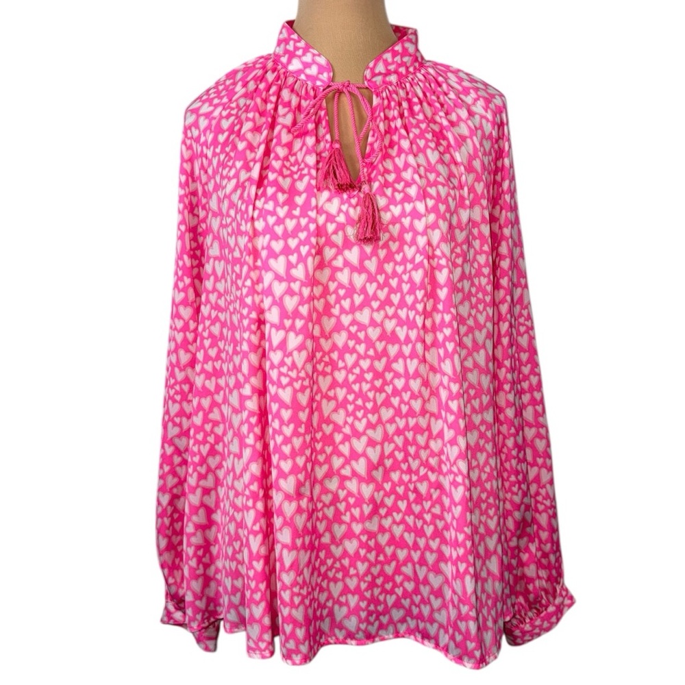 💕Crown & Ivy Pink Hearts Print Boho Tassel V-Neck Blouse Large EUC Lightweight🩷